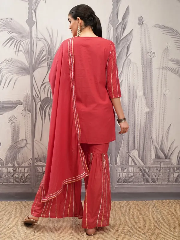 Vishudh Women Red Embroidered Kurta With Sharara And Dupatta