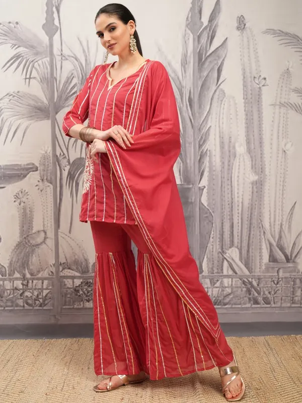 Vishudh Women Red Embroidered Kurta With Sharara And Dupatta