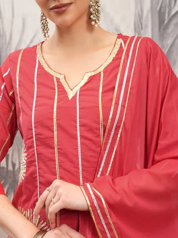 Vishudh Women Red Embroidered Kurta With Sharara And Dupatta