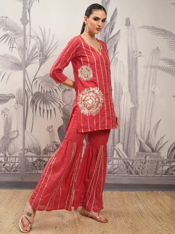 Vishudh Women Red Embroidered Kurta With Sharara And Dupatta