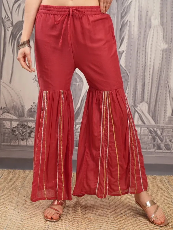 Vishudh Women Red Embroidered Kurta With Sharara And Dupatta