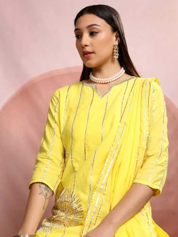 Vishudh Women Yellow Embroidered Kurta With Sharara And Dupatta