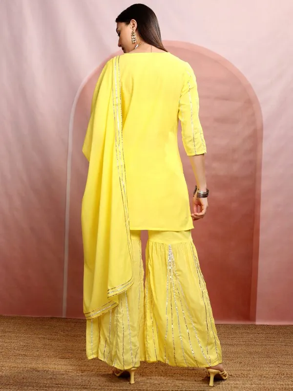 Vishudh Women Yellow Embroidered Kurta With Sharara And Dupatta