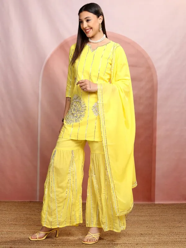 Vishudh Women Yellow Embroidered Kurta With Sharara And Dupatta