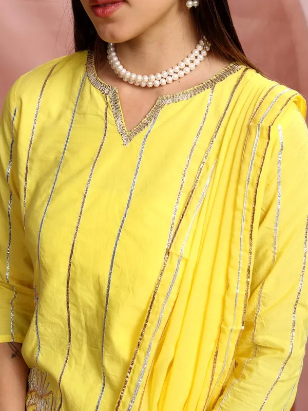Vishudh Women Yellow Embroidered Kurta With Sharara And Dupatta