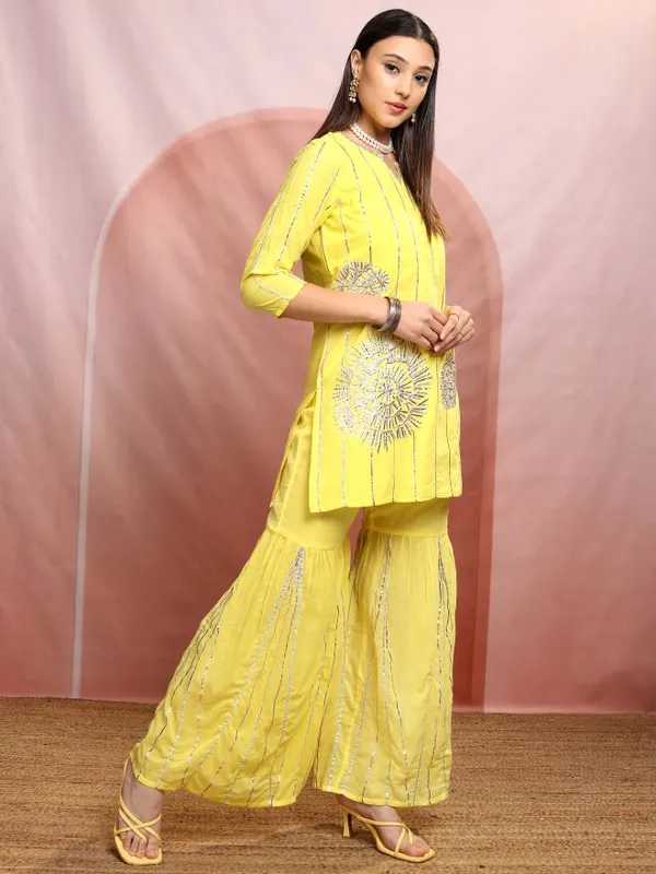 Vishudh Women Yellow Embroidered Kurta With Sharara And Dupatta