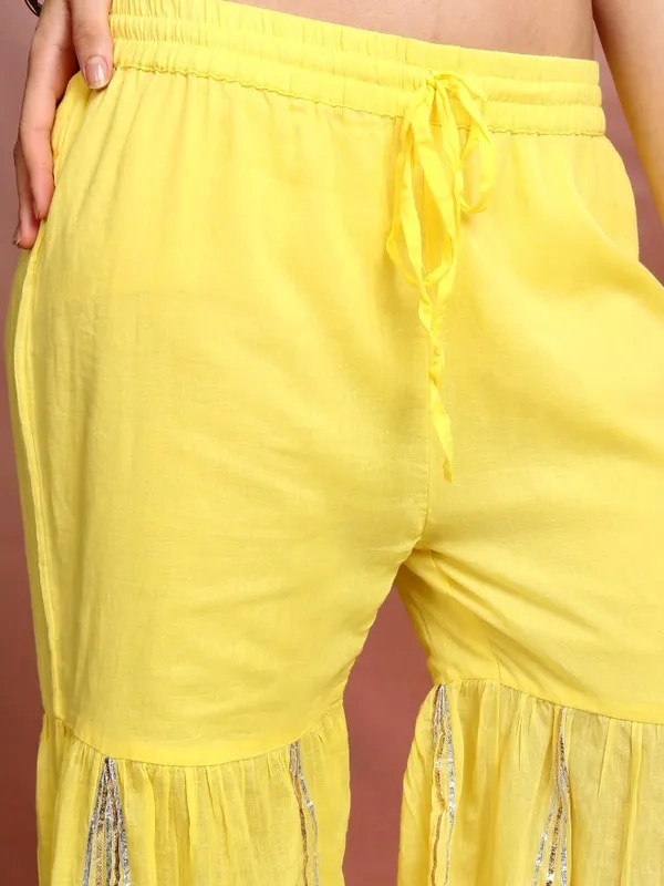 Vishudh Women Yellow Embroidered Kurta With Sharara And Dupatta