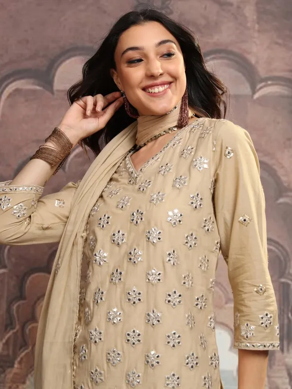 Vishudh Women Beige Embroidered Kurta With Sharara And Dupatta