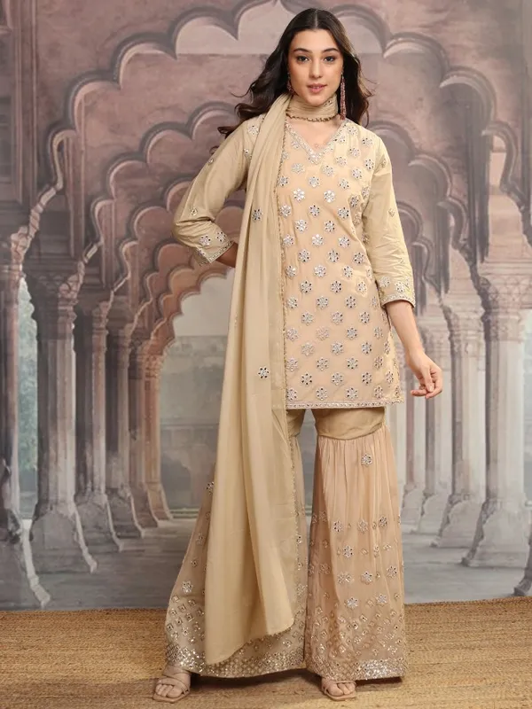 Vishudh Women Beige Embroidered Kurta With Sharara And Dupatta