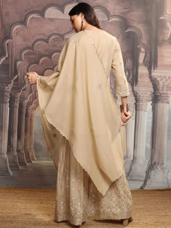 Vishudh Women Beige Embroidered Kurta With Sharara And Dupatta