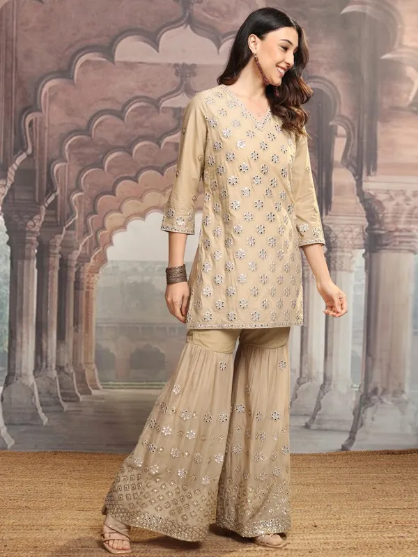 Vishudh Women Beige Embroidered Kurta With Sharara And Dupatta