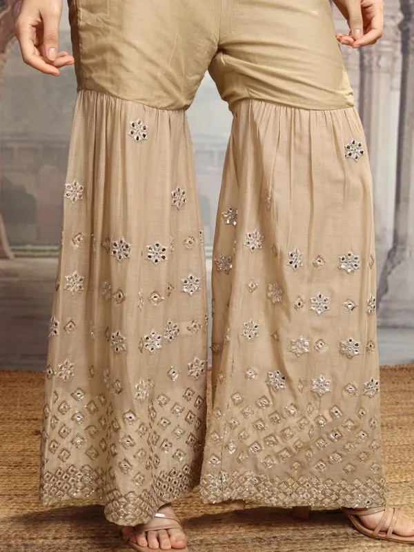 Vishudh Women Beige Embroidered Kurta With Sharara And Dupatta