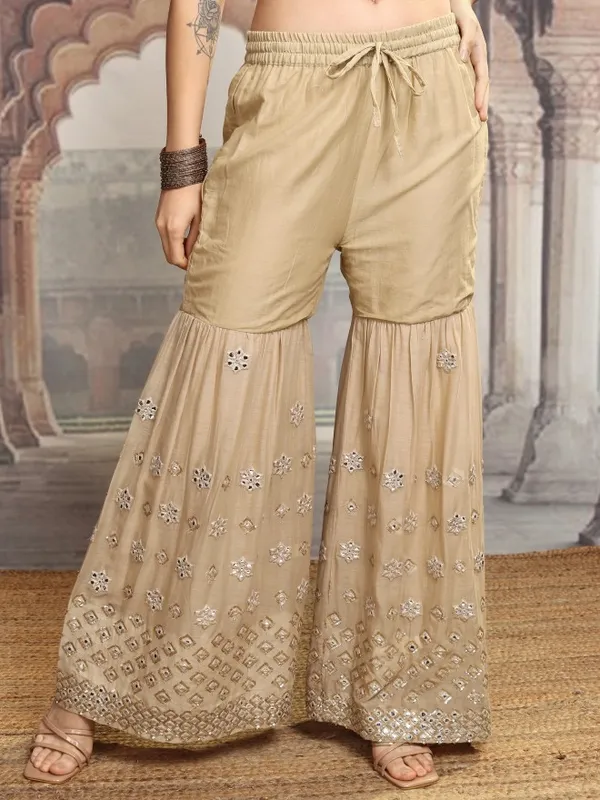 Vishudh Women Beige Embroidered Kurta With Sharara And Dupatta