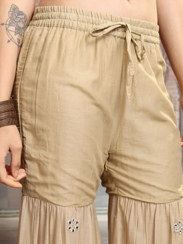 Vishudh Women Beige Embroidered Kurta With Sharara And Dupatta