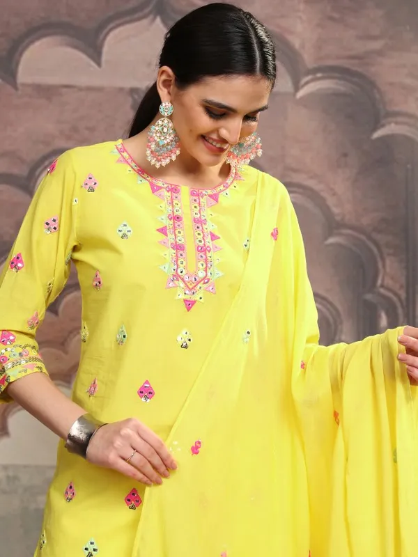 Vishudh Women Yellow Embroidered Kurta With Sharara And Dupatta