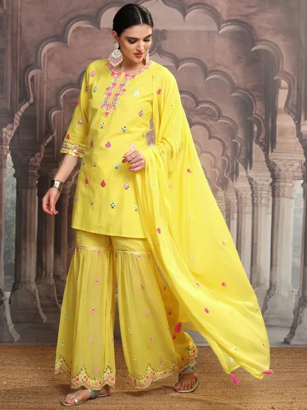 Vishudh Women Yellow Embroidered Kurta With Sharara And Dupatta