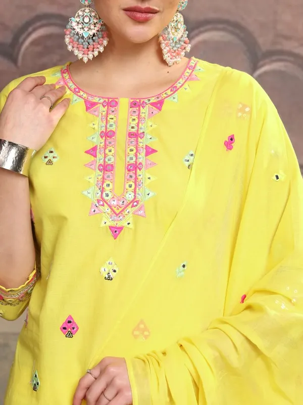 Vishudh Women Yellow Embroidered Kurta With Sharara And Dupatta