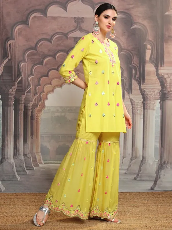 Vishudh Women Yellow Embroidered Kurta With Sharara And Dupatta