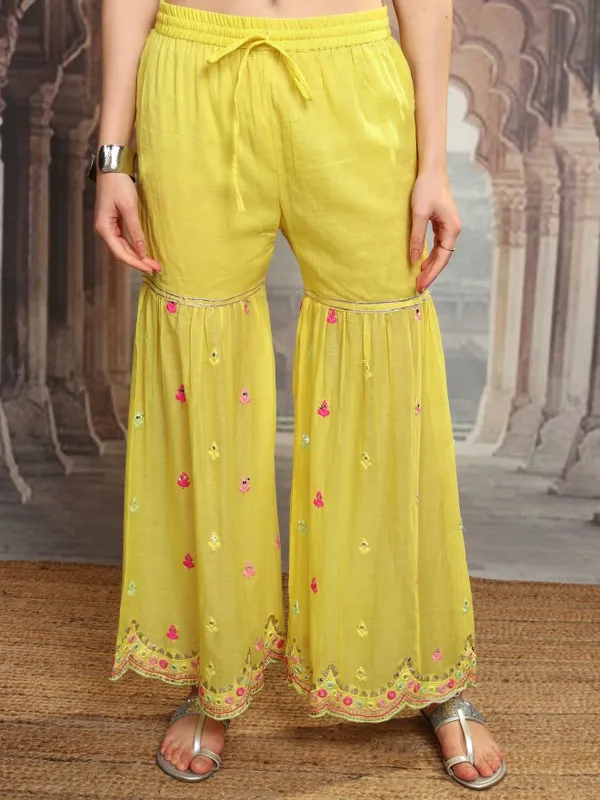 Vishudh Women Yellow Embroidered Kurta With Sharara And Dupatta