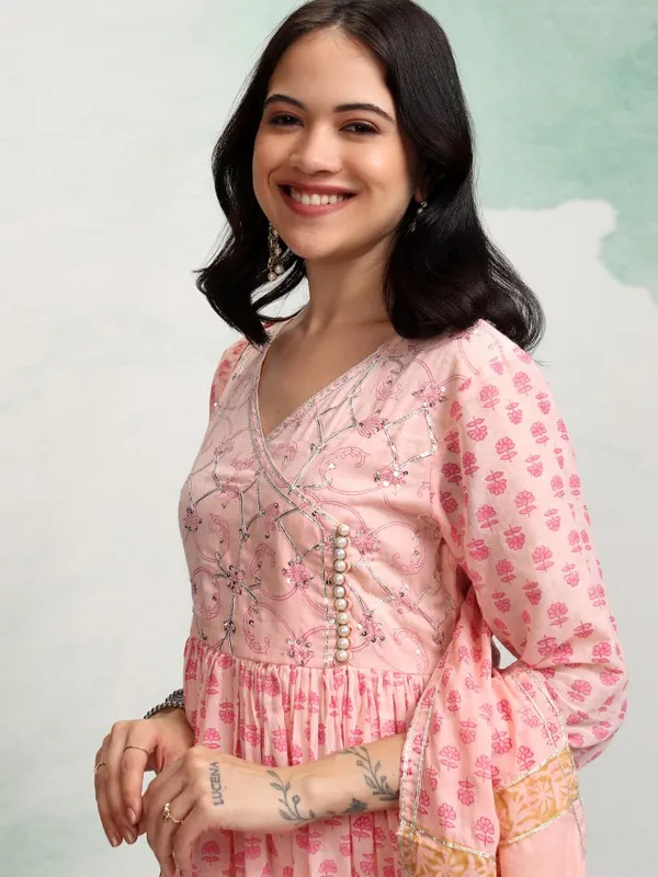 Vishudh Women Peach Printed Kurta With Trousers And Dupatta