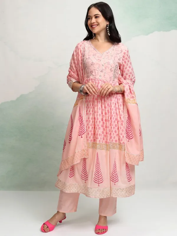 Vishudh Women Peach Printed Kurta With Trousers And Dupatta