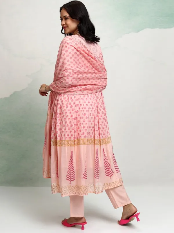 Vishudh Women Peach Printed Kurta With Trousers And Dupatta