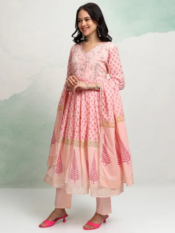 Vishudh Women Peach Printed Kurta With Trousers And Dupatta