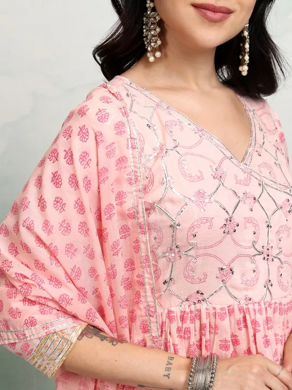 Vishudh Women Peach Printed Kurta With Trousers And Dupatta