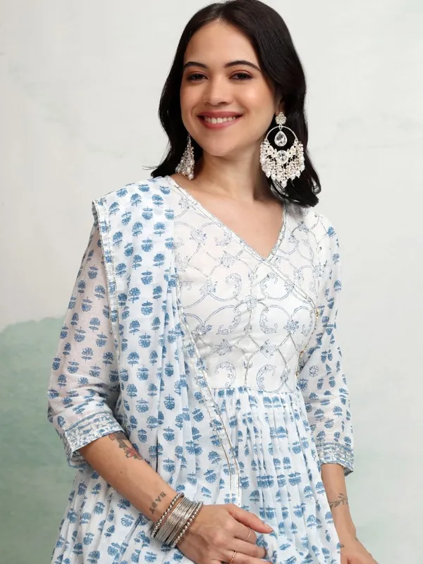 Vishudh Women White Printed Kurta With Trousers And Dupatta