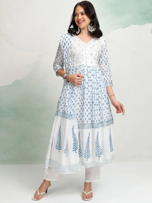 Vishudh Women White Printed Kurta With Trousers And Dupatta