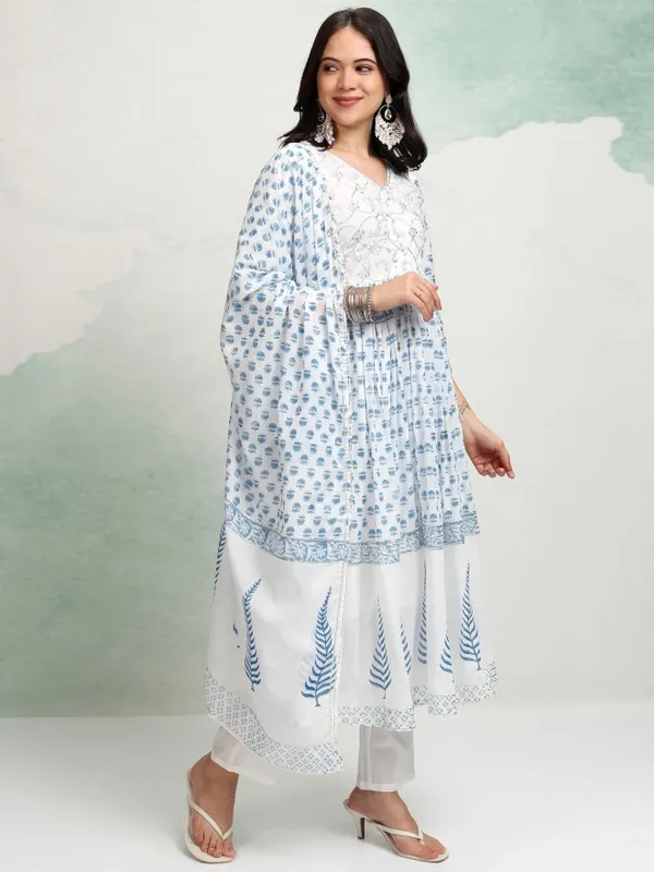 Vishudh Women White Printed Kurta With Trousers And Dupatta