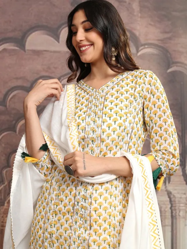 Vishudh Women Yellow Printed Kurta With Sharara And Dupatta