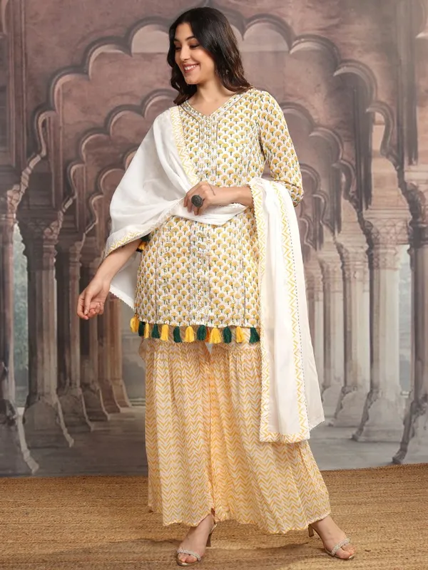 Vishudh Women Yellow Printed Kurta With Sharara And Dupatta