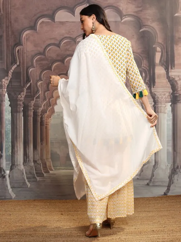 Vishudh Women Yellow Printed Kurta With Sharara And Dupatta