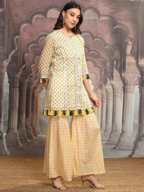 Vishudh Women Yellow Printed Kurta With Sharara And Dupatta