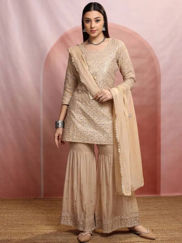 Vishudh Women Beige Embroidered Kurta With Sharara And Dupatta