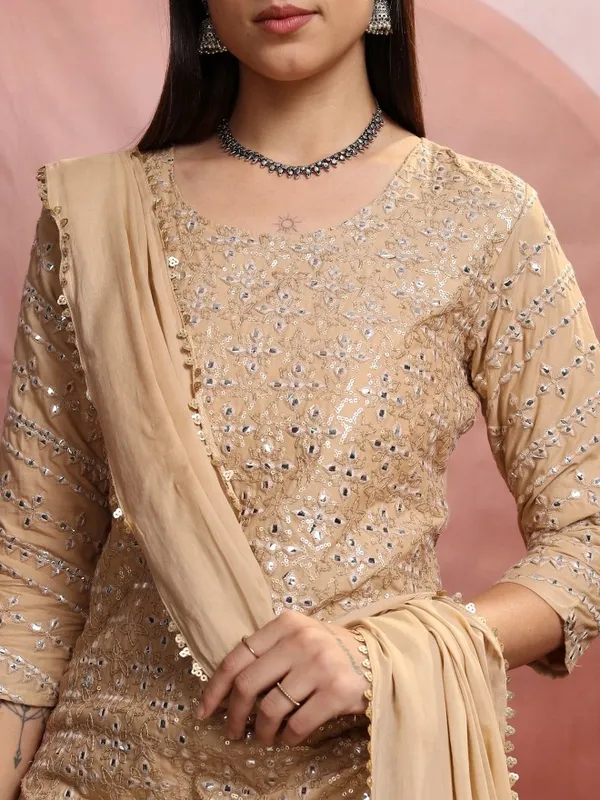 Vishudh Women Beige Embroidered Kurta With Sharara And Dupatta