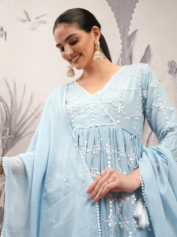 Vishudh Women Blue Embroidered Kurta With Trousers And Dupatta