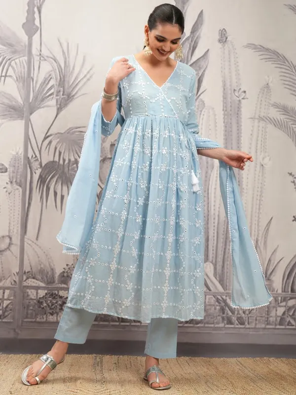 Vishudh Women Blue Embroidered Kurta With Trousers And Dupatta