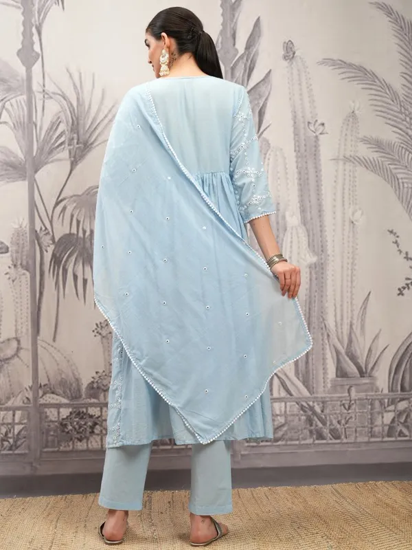 Vishudh Women Blue Embroidered Kurta With Trousers And Dupatta