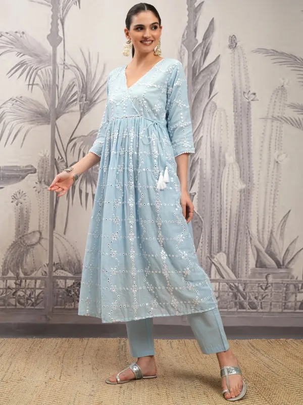 Vishudh Women Blue Embroidered Kurta With Trousers And Dupatta