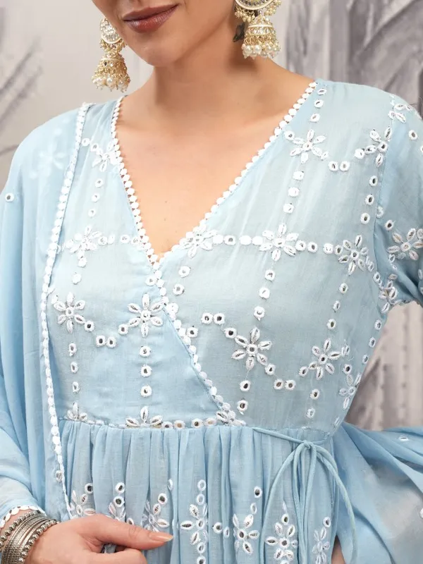 Vishudh Women Blue Embroidered Kurta With Trousers And Dupatta