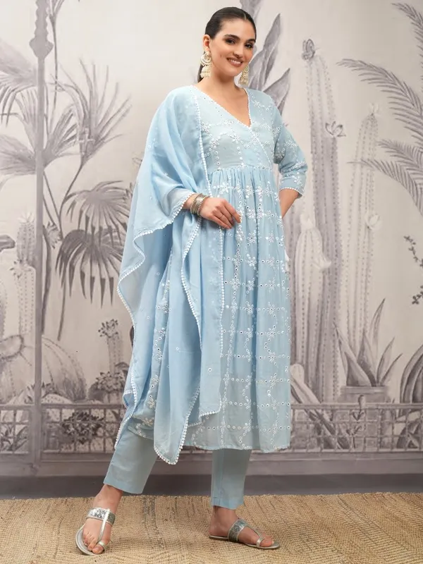 Vishudh Women Blue Embroidered Kurta With Trousers And Dupatta
