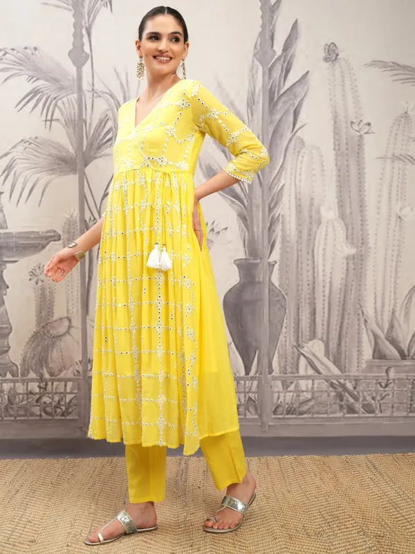 Vishudh Women Yellow Printed Kurta With Trousers And Dupatta