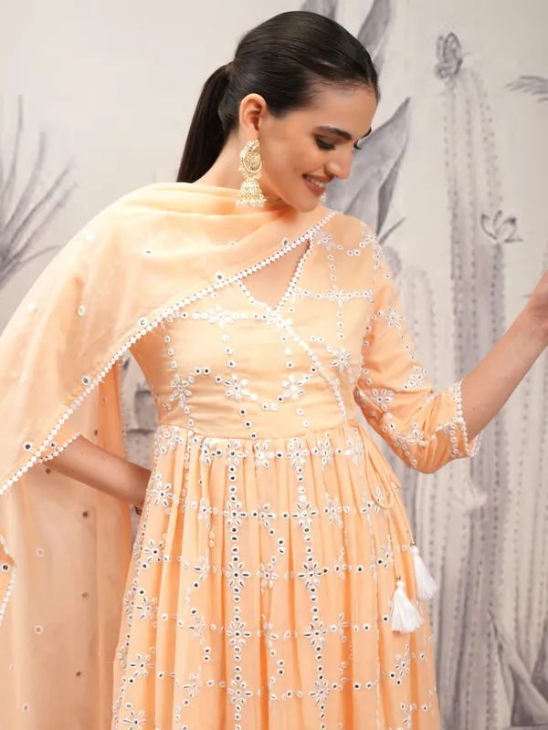 Vishudh Women Orange Embroidered Kurta With Trousers And Dupatta