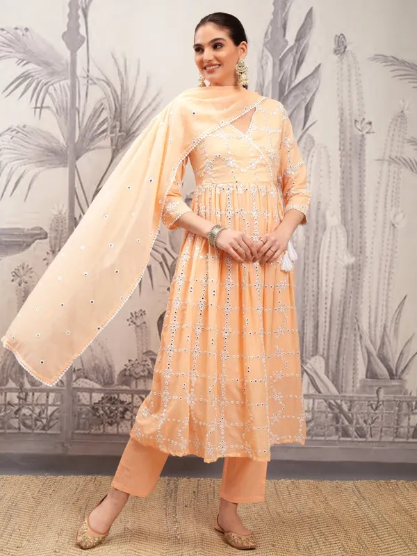 Vishudh Women Orange Embroidered Kurta With Trousers And Dupatta