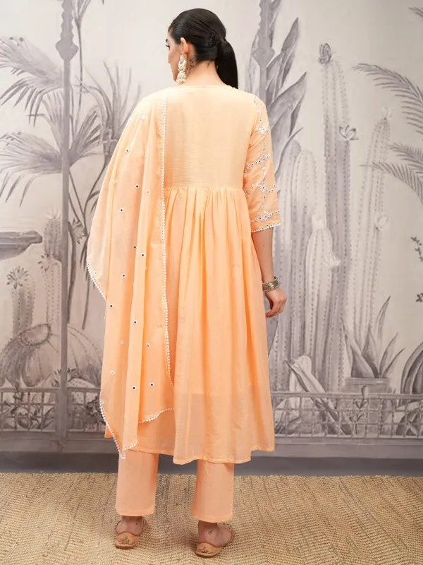 Vishudh Women Orange Embroidered Kurta With Trousers And Dupatta