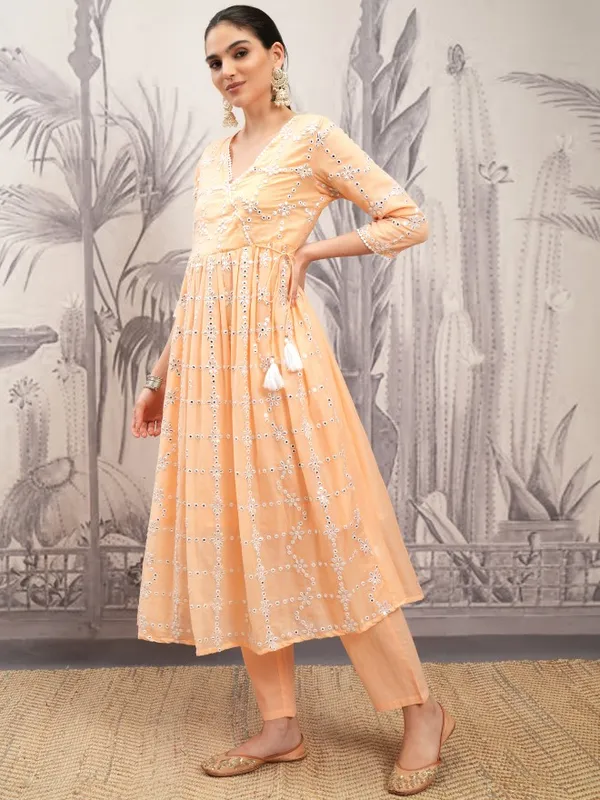 Vishudh Women Orange Embroidered Kurta With Trousers And Dupatta
