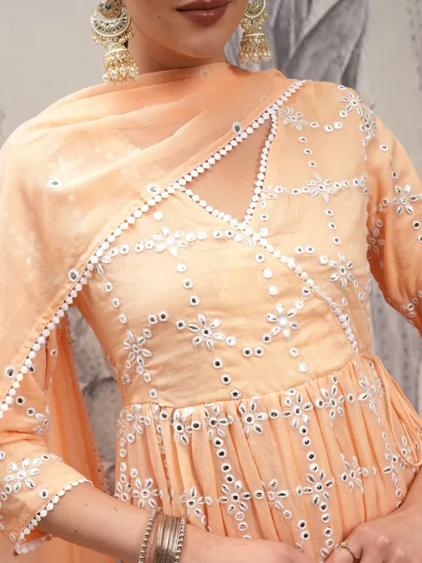 Vishudh Women Orange Embroidered Kurta With Trousers And Dupatta