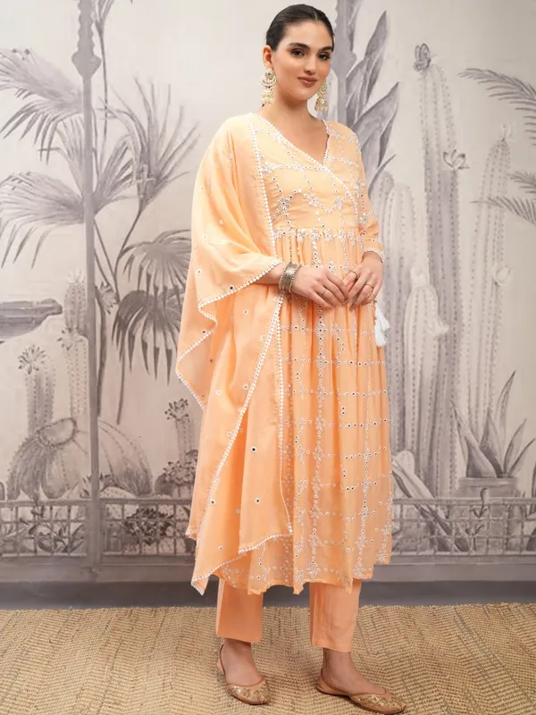 Vishudh Women Orange Embroidered Kurta With Trousers And Dupatta